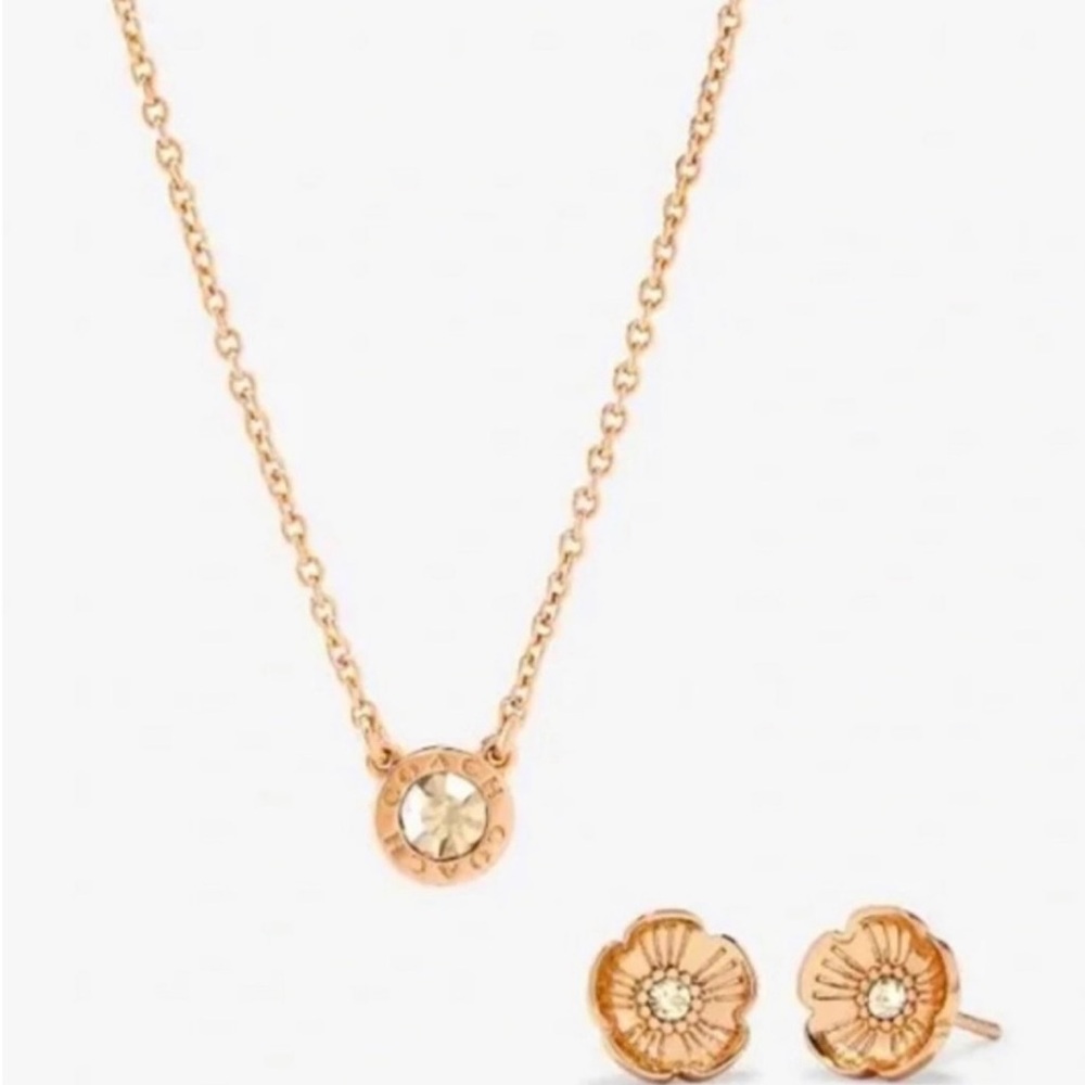 Brand New Coach Rose Gold Flower Earrings And Necklace Set with Pouch - Picture 3 of 3